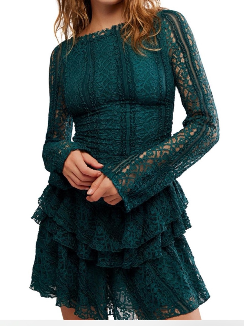 Free People Dark Teal Lace Long Sleeve Ruffle Dress
